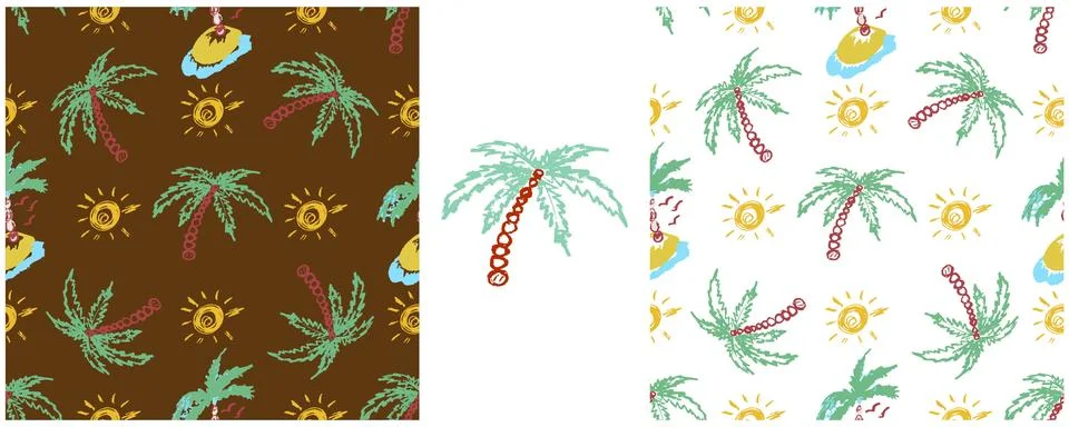 Tropical seamless pattern. Palm trees, sunshine. Set drawings with wax crayon Stock Illustration