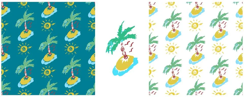 Tropical seamless pattern. Palm trees, sunshine. Set drawings with wax crayon Illustrazione stock