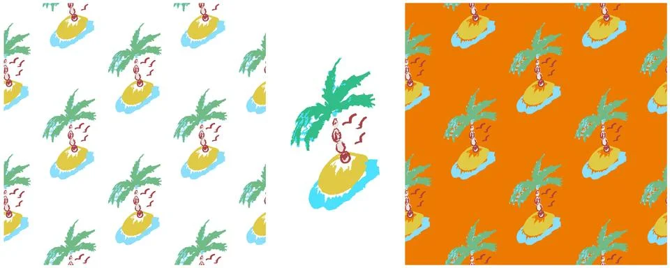 Tropical seamless pattern. Palm trees, sunshine. Set drawings with wax crayon Stock Illustration