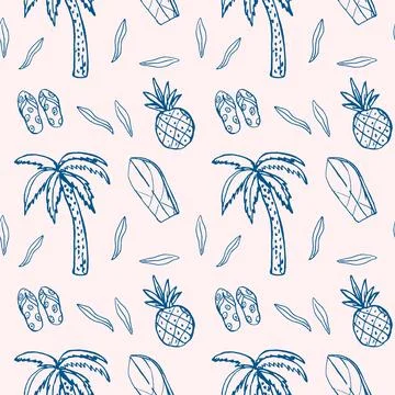 Tropical seamless pattern with palm trees, pineapples, flip flops, leaves, an 库存插图