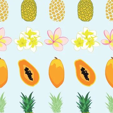 Tropical seamless pattern with papaya, pineapple, and plumeria Illustrazione stock