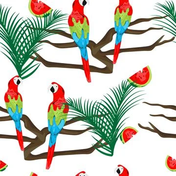 Tropical seamless pattern with parrot, watermelon and palm trees. 스톡 일러스트