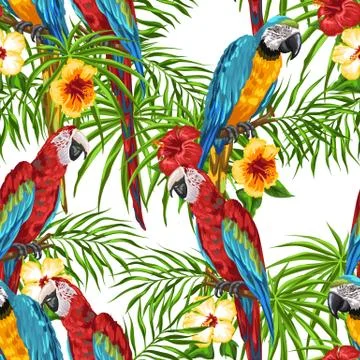 Tropical seamless pattern with parrots. Illustrazione stock