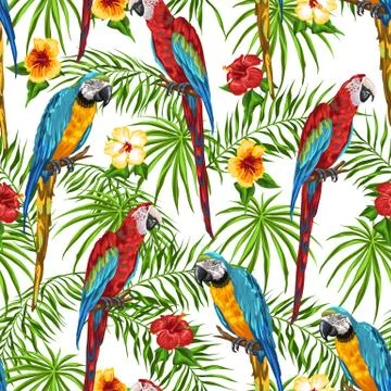 Tropical seamless pattern with parrots. Stock Illustration
