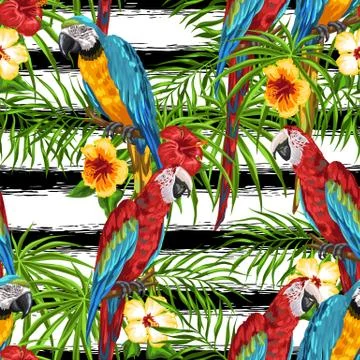 Tropical seamless pattern with parrots. Illustrazione stock