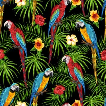 Tropical seamless pattern with parrots. Illustrazione stock