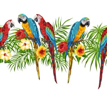 Tropical seamless pattern with parrots. Illustrazione stock
