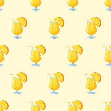 Tropical seamless pattern with pineapple cocktail in pixel art style. Stock Illustration