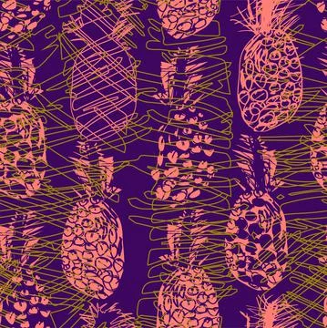 Tropical seamless pattern with pineapple freehand drawing in boho colors. Stock Illustration