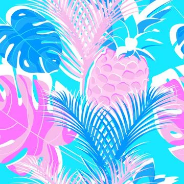 Tropical seamless pattern with pineapple, palm and monster. Stock-Illustration