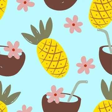 Tropical seamless pattern with pineapples, coconuts, flowers, and leaves on a Stock-Illustration