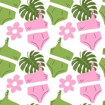 Tropical seamless pattern with pink and green bikinis monstera leaf and flowe Stock Illustration