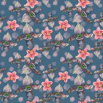 Tropical seamless pattern with pink orchids flowers. Tropic floral wallpaper Stock Illustration