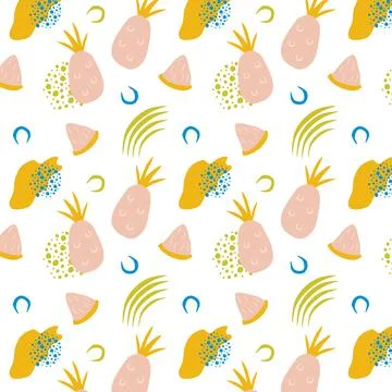 Tropical seamless pattern with pink pineapples, pineapple slices and abstract Stock Illustration