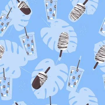 Tropical seamless pattern of popsicles, monstera and drink. Stock Illustration