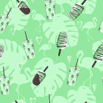 Tropical seamless pattern with popsicles, monstera, drinks, flamingo and hearts. Stock-Illustration