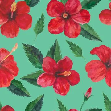Tropical seamless pattern with red hibiscus flowers and leaves. Watercolor Stock Illustration