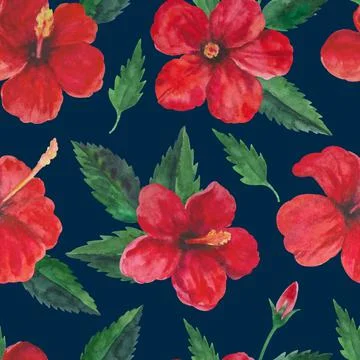 Tropical seamless pattern with red hibiscus flowers and leaves. Watercolor Stock Illustration