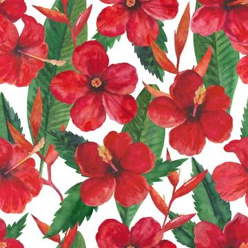 Tropical seamless pattern with red hibiscus flowers and leaves. Watercolor Illustrazione stock