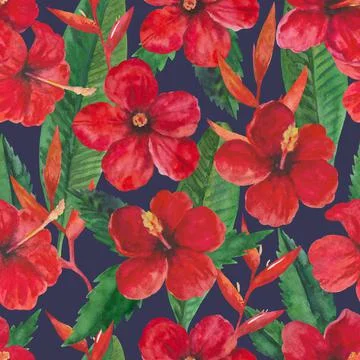 Tropical seamless pattern with red hibiscus flowers and leaves. Watercolor Stock Illustration