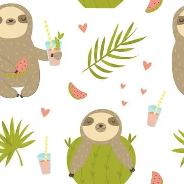 Tropical seamless pattern with sloth and cactus Stock Illustration