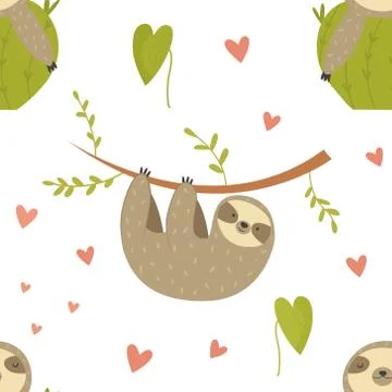 Tropical seamless pattern with sloth and cactus Stock Illustration