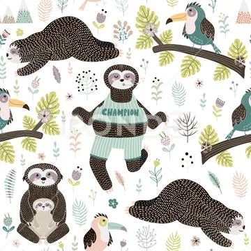 Tropical seamless pattern with sloths and bird sitting on the branch Stock Illustration