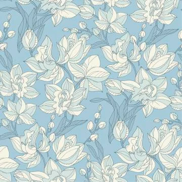 Tropical seamless pattern with tender orchid flowers Stock Illustration