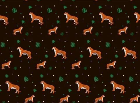 Tropical seamless pattern with tigers and monstera leaves. Brown background Stock Illustration