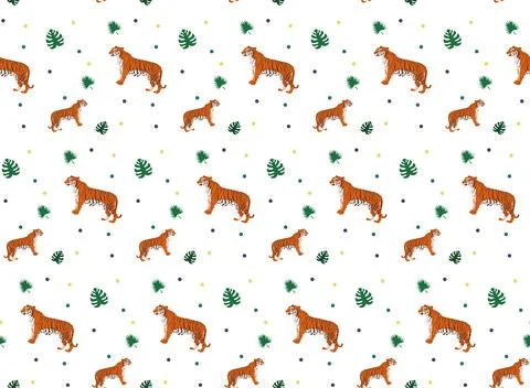 Tropical seamless pattern with tigers and monstera leaves. Vector animalistic Stock Illustration