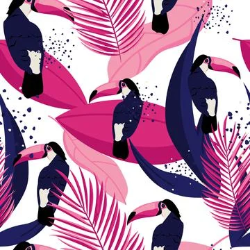 Tropical seamless pattern with toucan and tropical plants. Stock Illustration