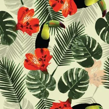 Tropical seamless pattern with toucan parrot, flowers and palm leaves 스톡 일러스트
