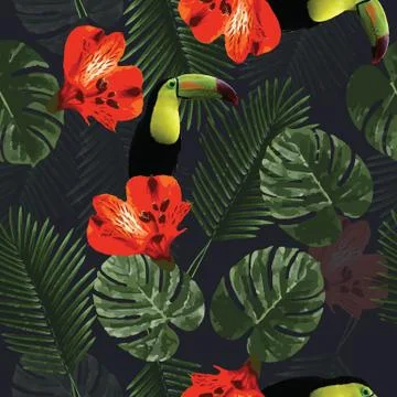 Tropical seamless pattern with toucan parrot, flowers and palm leaves Иллюстрация