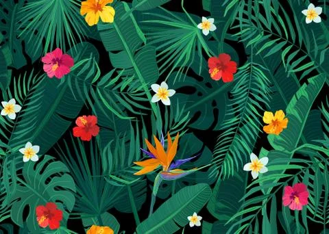 Tropical seamless pattern vector background with exotic palm, banana, monstera Illustrazione stock