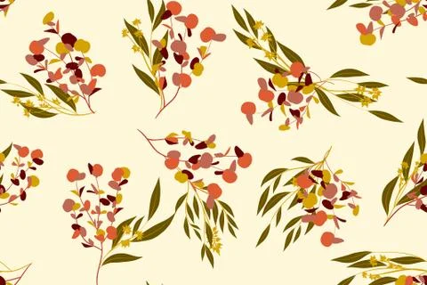 Tropical Seamless Pattern. Vector Eucalyptus Leaves and Beautiful Floral Elem Stock Illustration