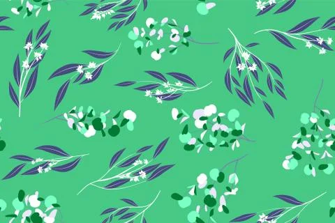 Tropical Seamless Pattern. Vector Eucalyptus Leaves and Beautiful Floral Elem Stock Illustration