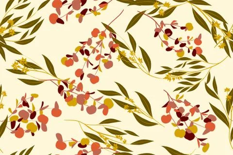 Tropical Seamless Pattern. Vector Eucalyptus Leaves and Beautiful Floral Elem Stock Illustration