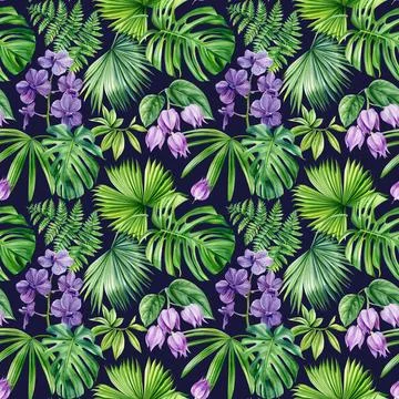 Tropical seamless pattern. Violet orchid flower exotic palm tree. Summer floral Stock Illustration