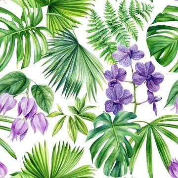 Tropical seamless pattern. Violet orchid flower exotic palm tree. Summer floral Illustrazione stock