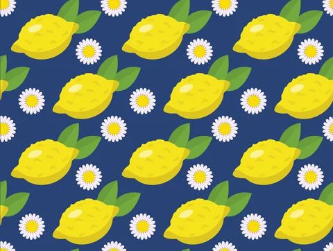 Tropical seamless pattern with yellow lemons on the blue background. Fruit Stock Illustration