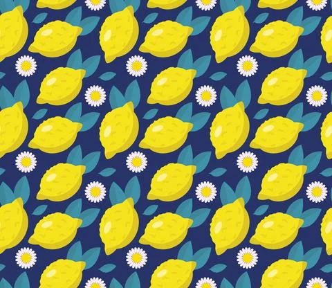 Tropical seamless pattern with yellow lemons on the blue background. Fruit Illustrazione stock