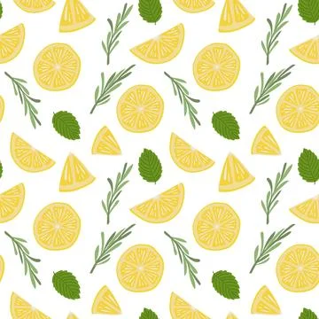 Tropical seamless pattern with yellow lemons, mint and rosemary. Fruit repe.. Stock Illustration
