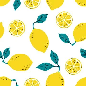 Tropical seamless pattern with yellow lemons and lemon slices. Stock Illustration