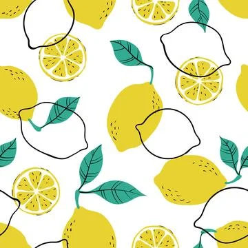 Tropical seamless pattern with yellow lemons and lemon slices. Stock Illustration
