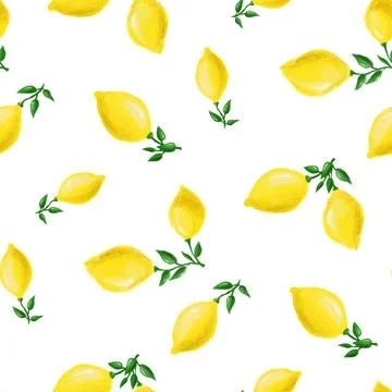 Tropical seamless pattern with yellow lemons. Cute fruit summer background... Stock Photos