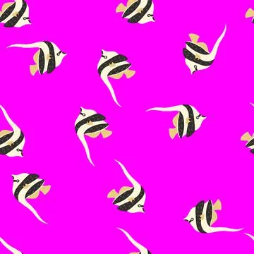 Tropical seamless random pattern with scrapbook imperial angelfish silhouette 스톡 일러스트