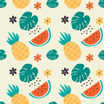 Tropical seamless vector pattern (watermelon, pineapple) Stock Illustration