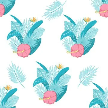 Tropical seamless vector pattern on a white background. Palm leaves and monstera Stock Illustration