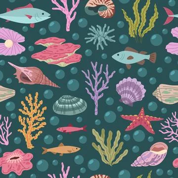 Tropical seashell seamless pattern. Ocean beach color objects, mineral Illustrazione stock