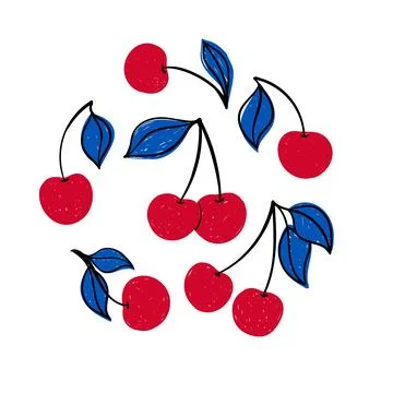 Tropical set doodle red cherry. Illustrazione stock